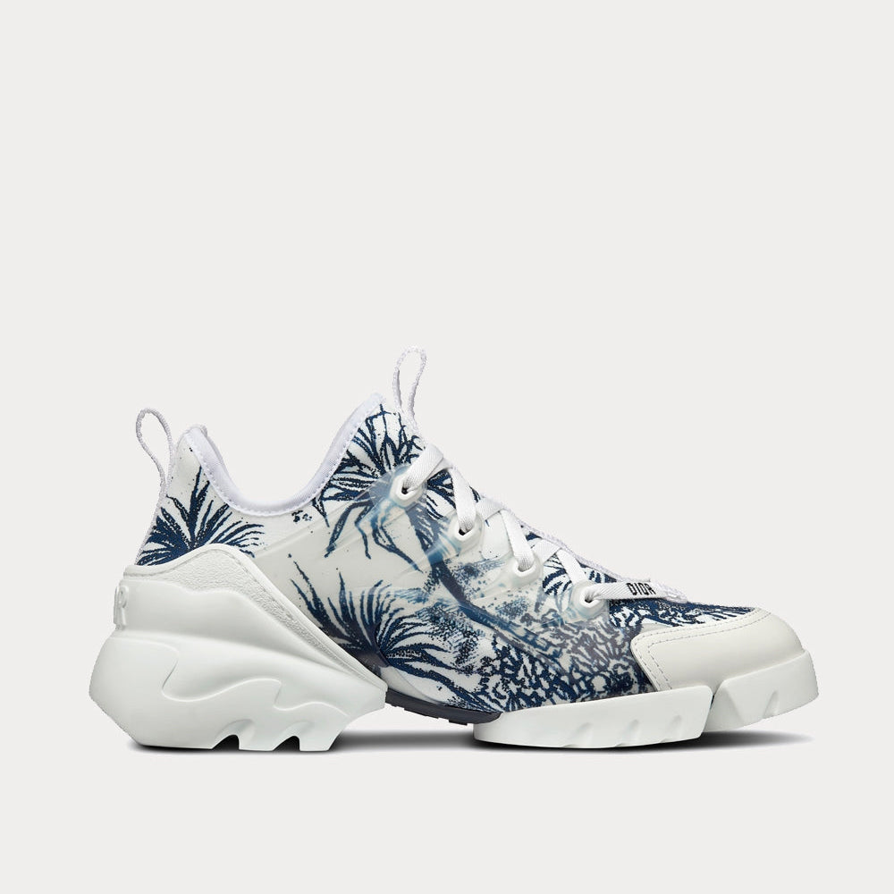 D-Connect White and Navy Blue Technical Fabric with Toile de Jouy Palms Print Low Top Sneakers