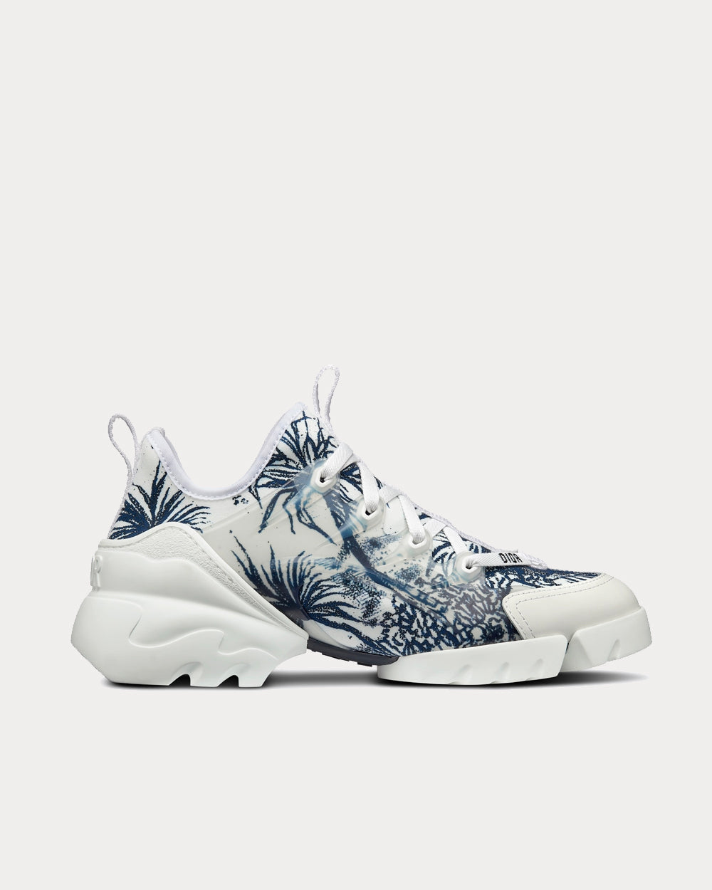 D-Connect White and Navy Blue Technical Fabric with Toile de Jouy Palms Print Low Top Sneakers