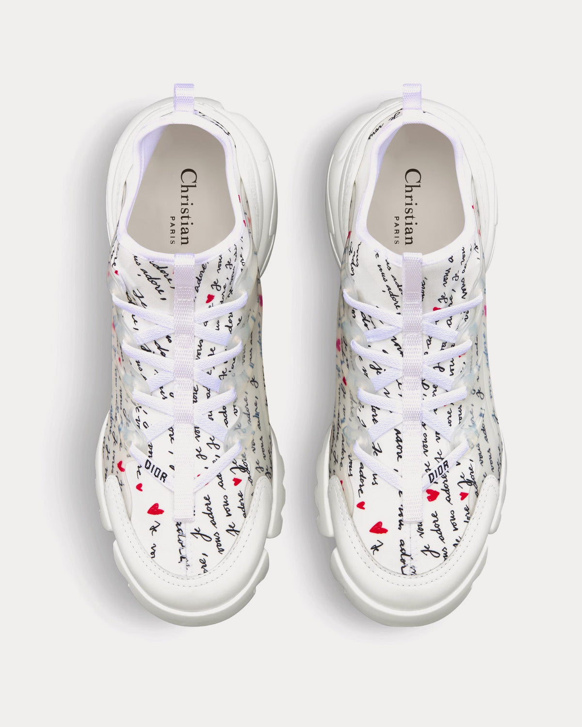 D-Connect Dioramour White Technical Fabric Printed with Black and Red Je Vous Adore Motif Low Top Sneakers