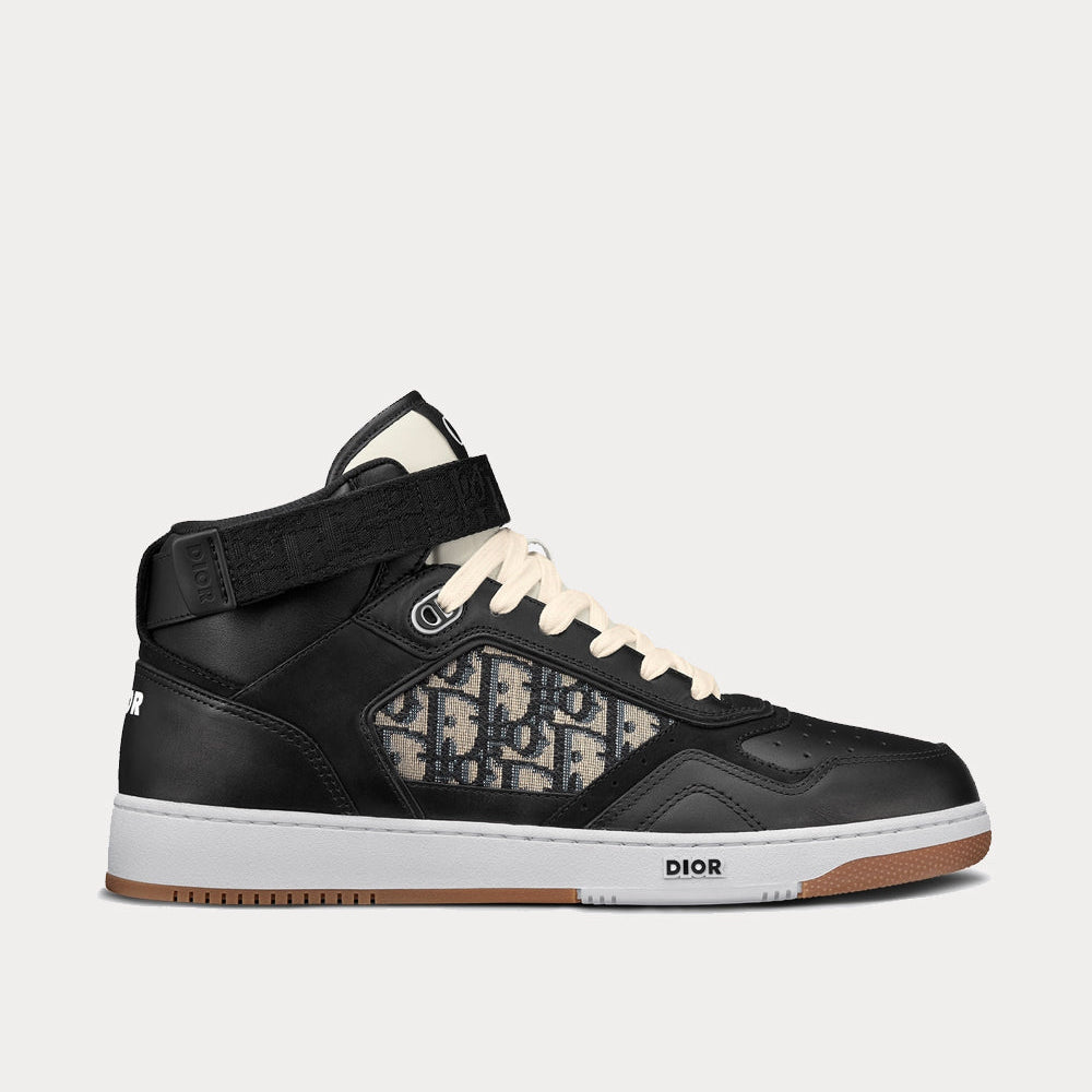 B27 Black Smooth Calfskin with Beige and Black Dior Oblique Jacquard High Top Sneakers
