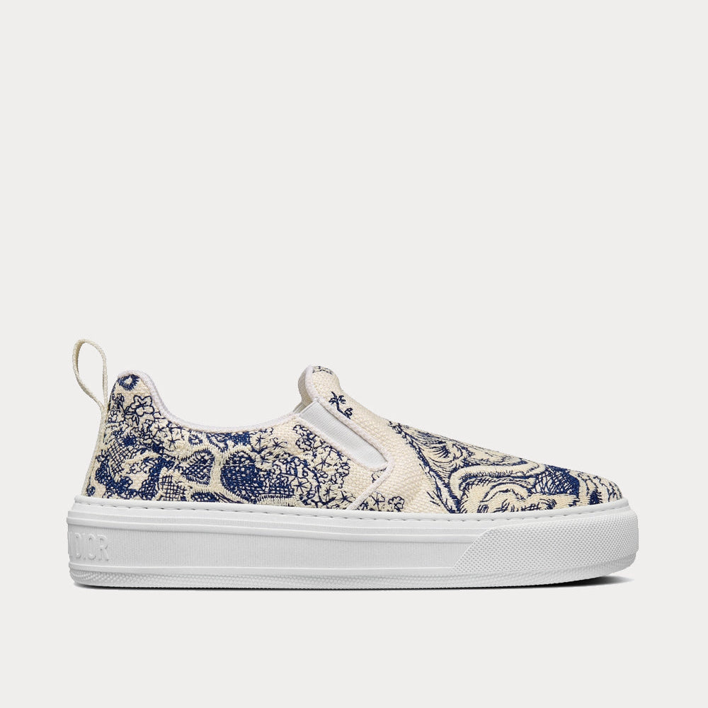 Solar Blue and White Embroidered Cotton with Toile de Jouy Motif Slip On Sneakers