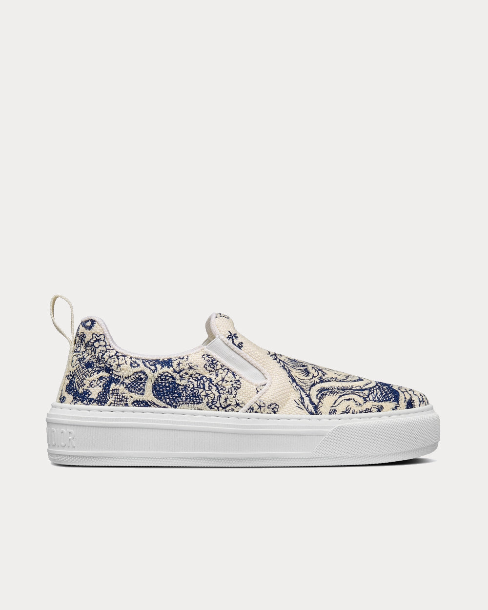Solar Blue and White Embroidered Cotton with Toile de Jouy Motif Slip On Sneakers