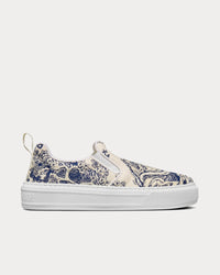 Solar Blue and White Embroidered Cotton with Toile de Jouy Motif Slip On Sneakers