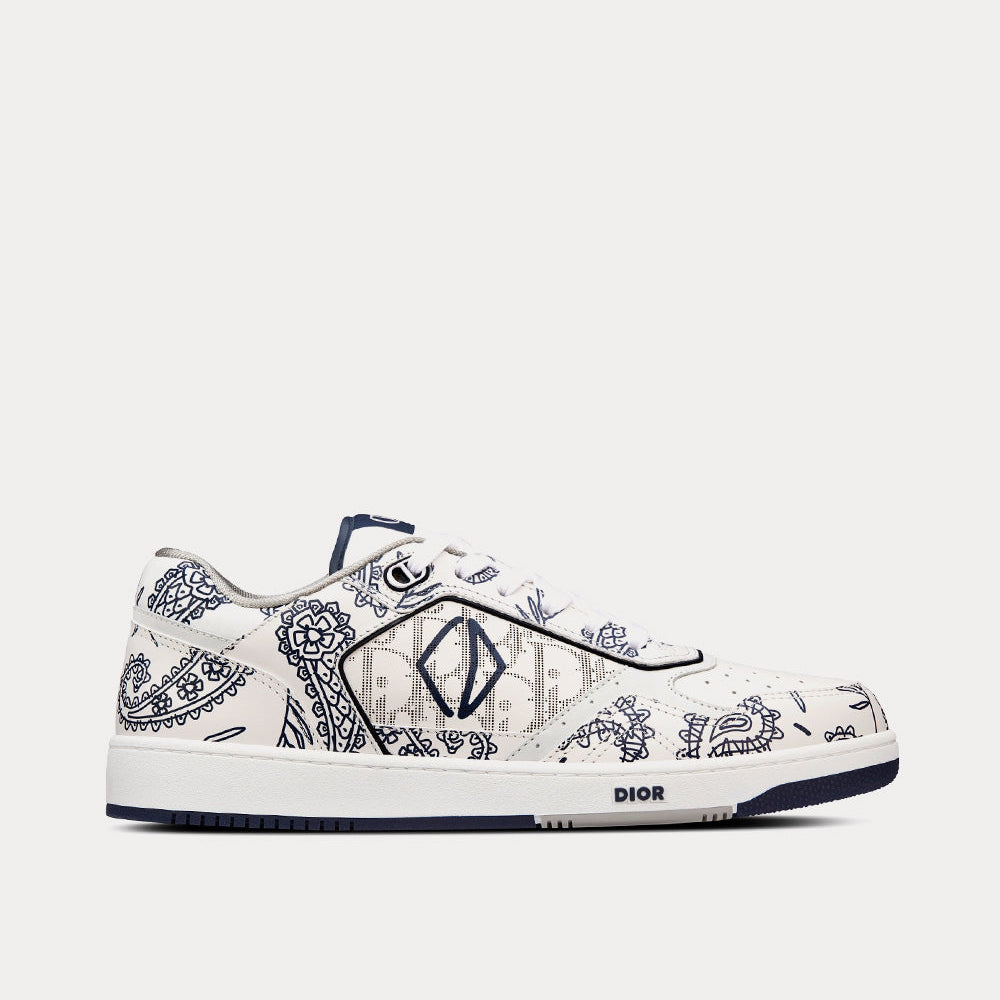 B27 White Smooth Calfskin with Navy Blue CD Paisley Motif and White Dior Oblique Galaxy Leather Low Top Sneakers