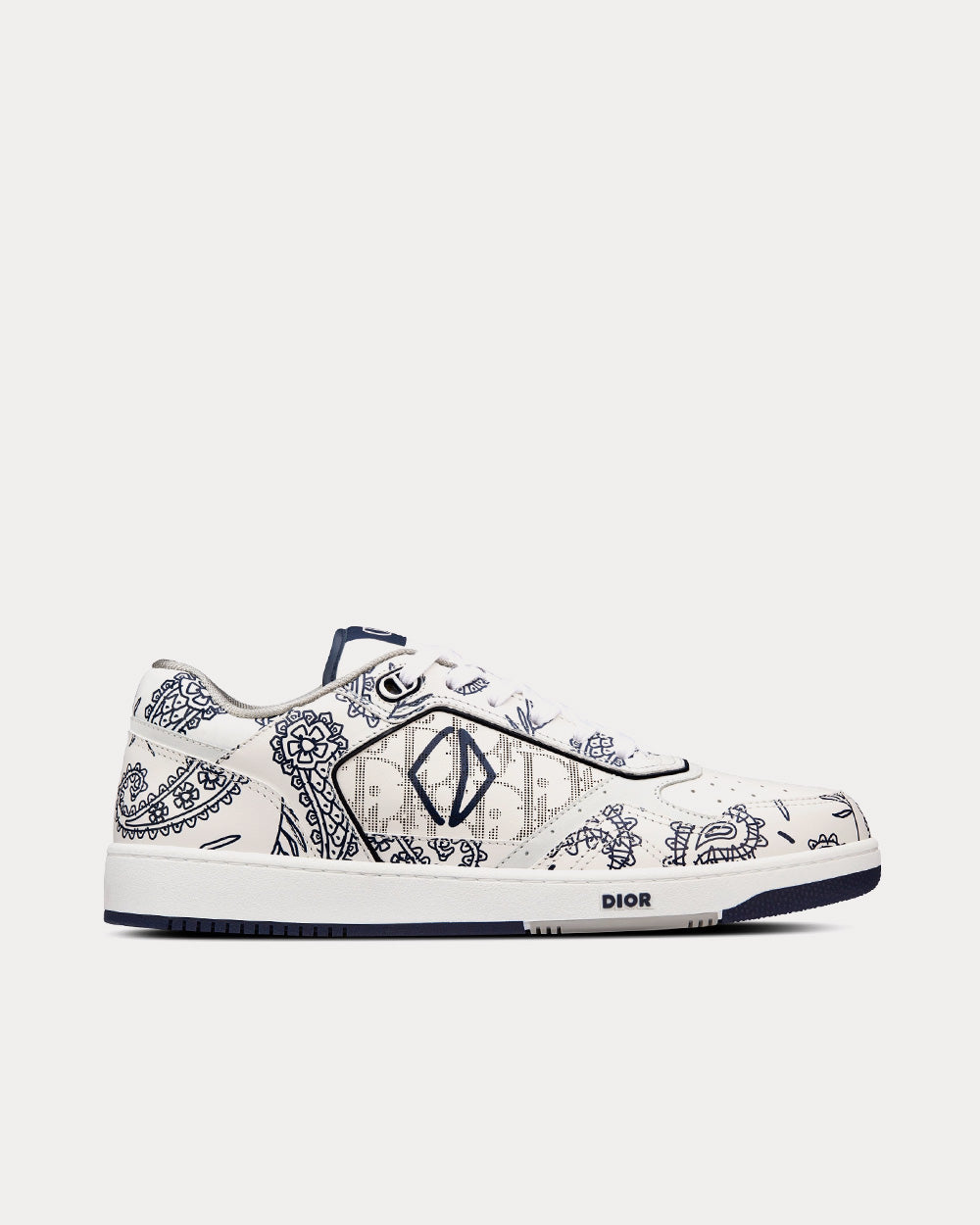 B27 White Smooth Calfskin with Navy Blue CD Paisley Motif and White Dior Oblique Galaxy Leather Low Top Sneakers