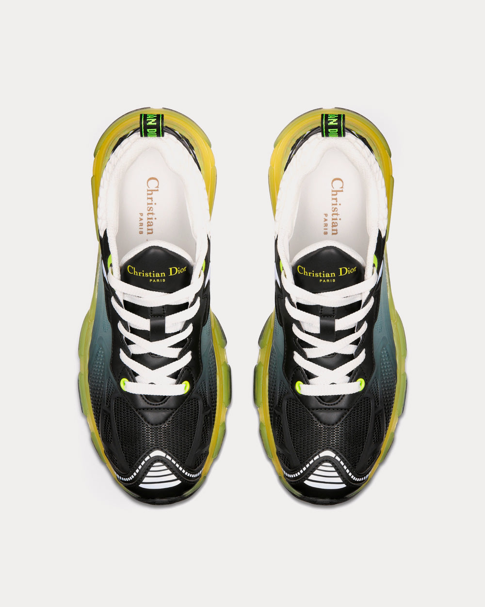Vibe White Mesh and Black Calfskin with Fluorescent Yellow Rubber Low Top Sneakers