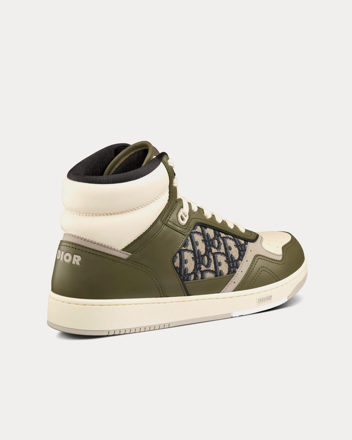 B27 Olive and Cream Smooth Calfskin with Beige and Black Dior Oblique Jacquard High Top Sneakers