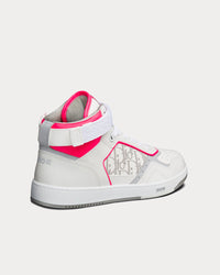 B27 White and Neon Pink Smooth Calfskin with White Dior Oblique Galaxy Leather High Top Sneakers