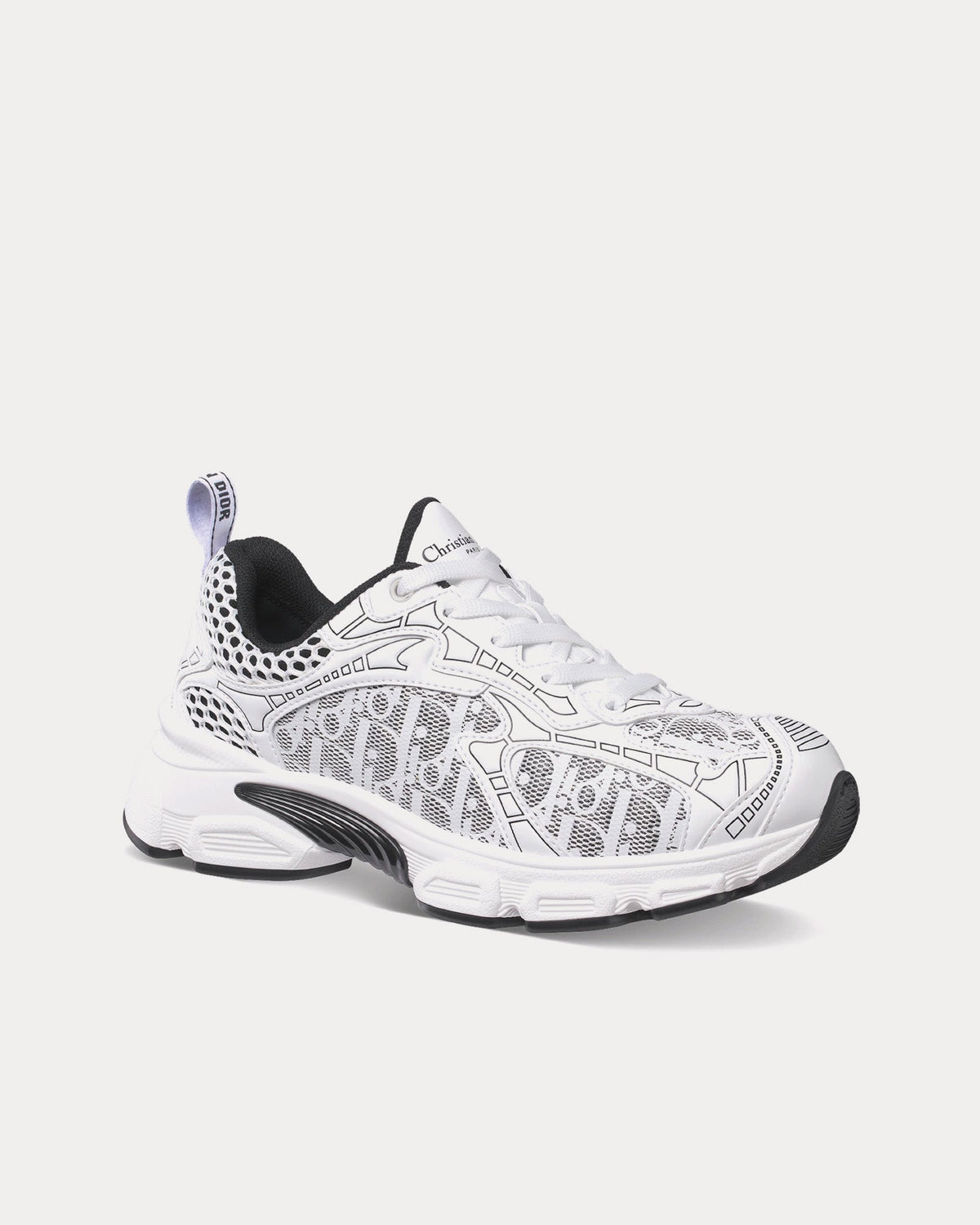 Dior Vibe White Mesh Printed with Dior Oblique Motif and White and Black Leather-Effect Panels Low Top Sneakers