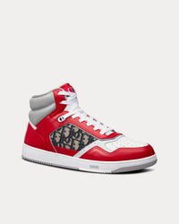 B27 Red, Gray and White Smooth Calfskin with Beige and Black Dior Oblique Jacquard High Top Sneakers