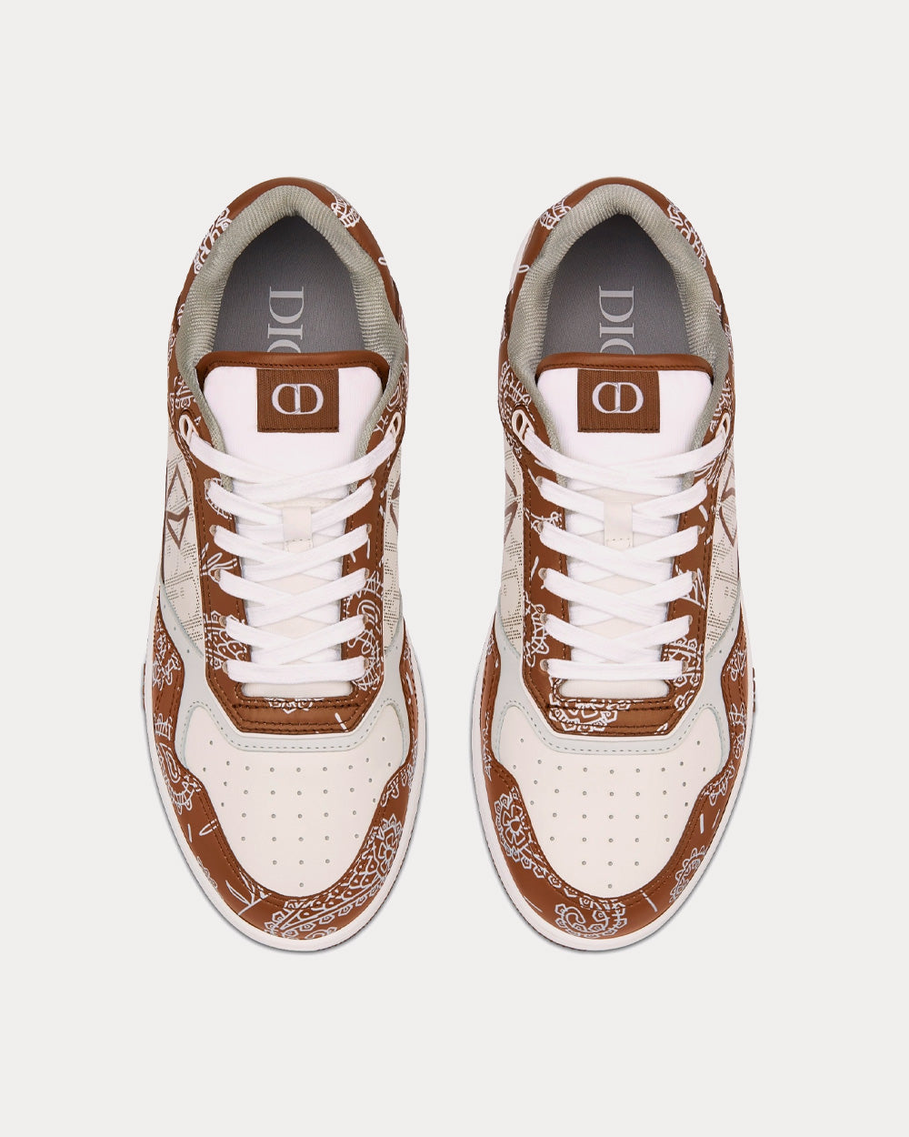 B27 Coffee and White Smooth Calfskin with CD Paisley Motif and White Dior Oblique Galaxy Leather Low Top Sneakers