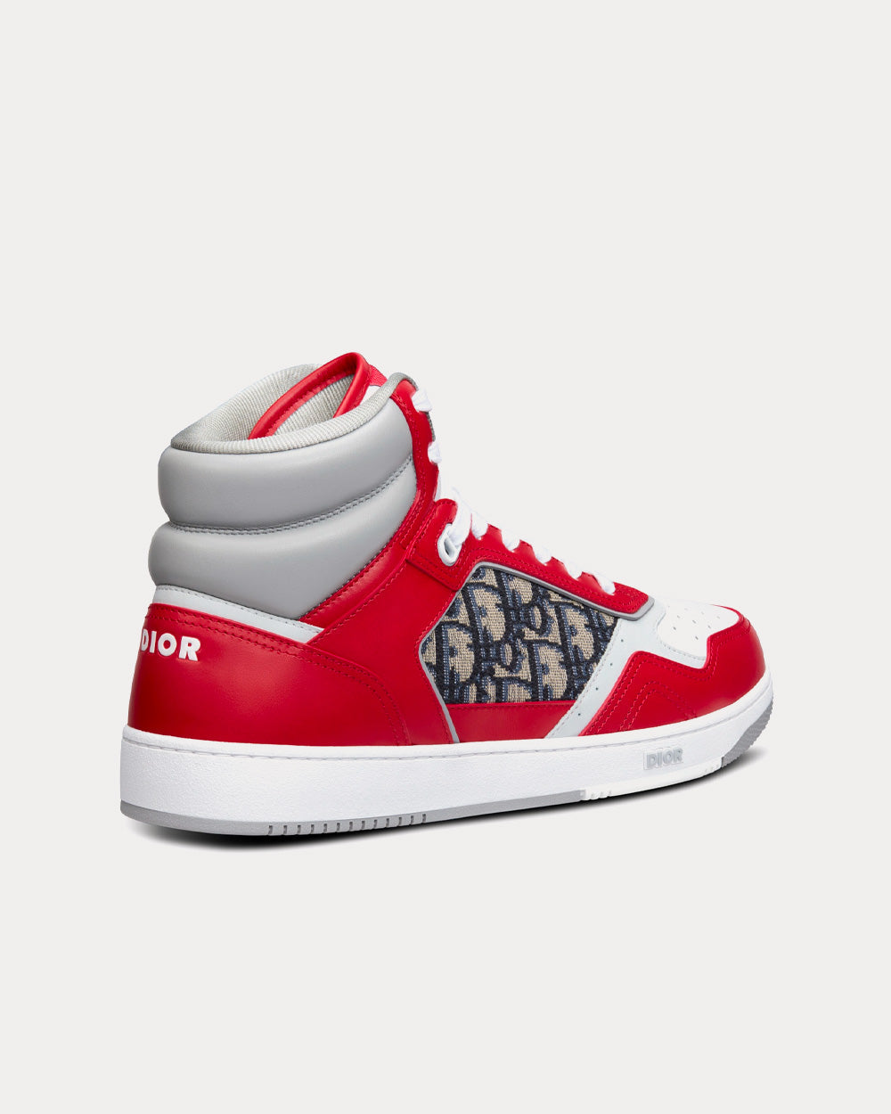 B27 Red, Gray and White Smooth Calfskin with Beige and Black Dior Oblique Jacquard High Top Sneakers