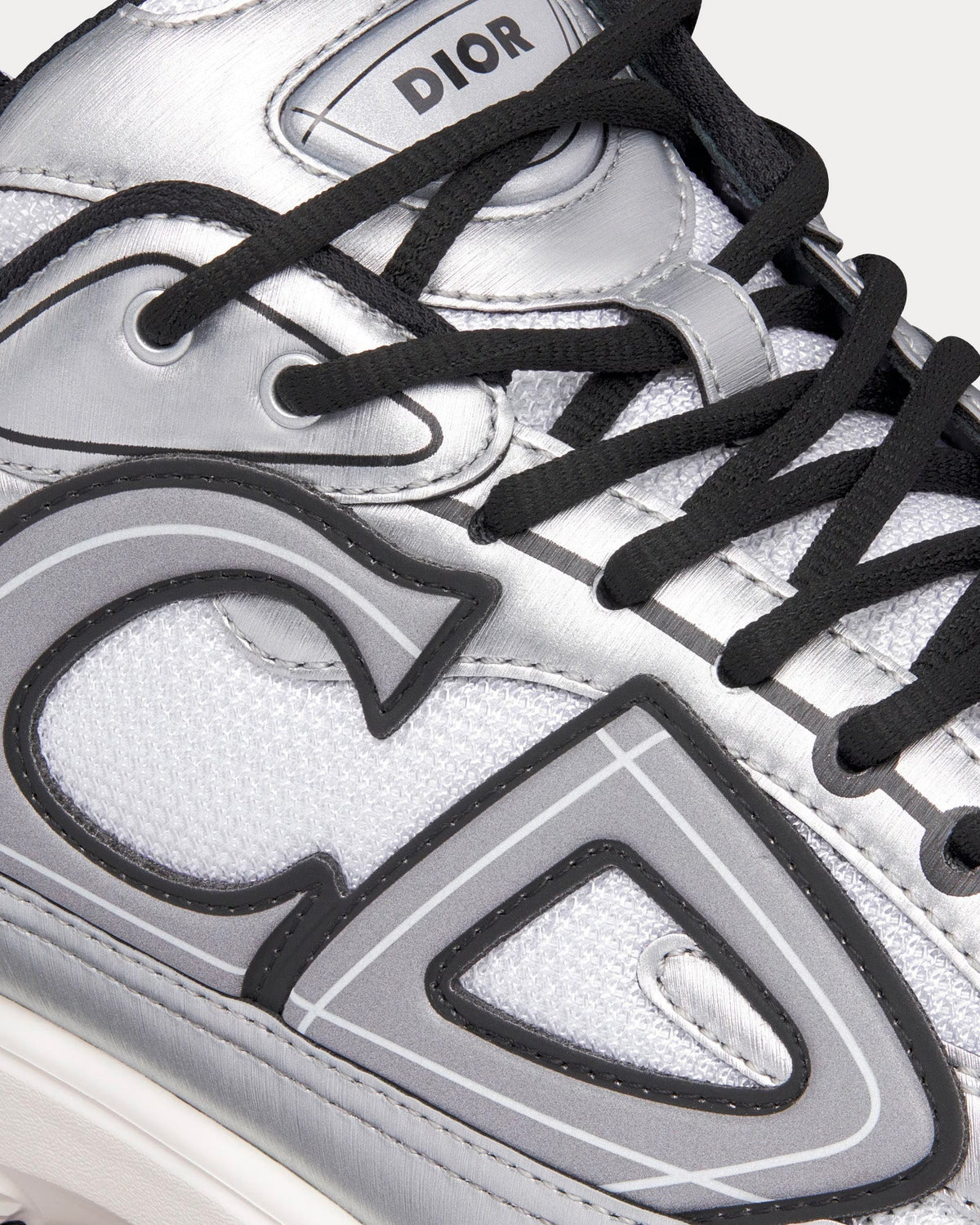 B30 White Mesh and Silver-Tone Metallic Calfskin Low Top Sneakers