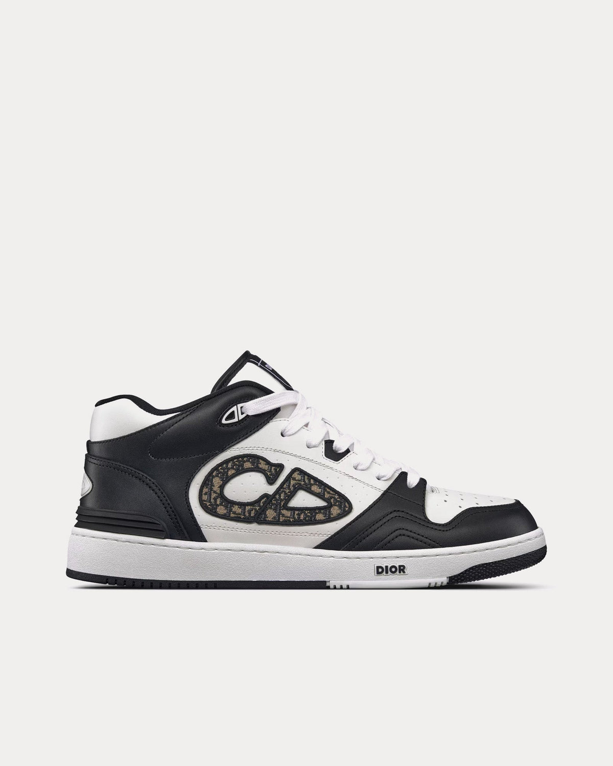 B57 Black and White Smooth Calfskin with Beige and Black Dior Oblique Jacquard Mid Top Sneakers
