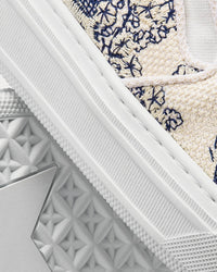 Solar Blue and White Embroidered Cotton with Toile de Jouy Motif Slip On Sneakers