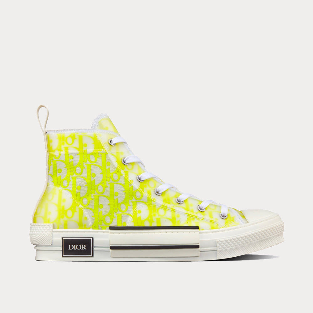 B23 White and Yellow Dior Oblique Canvas High Top Sneakers