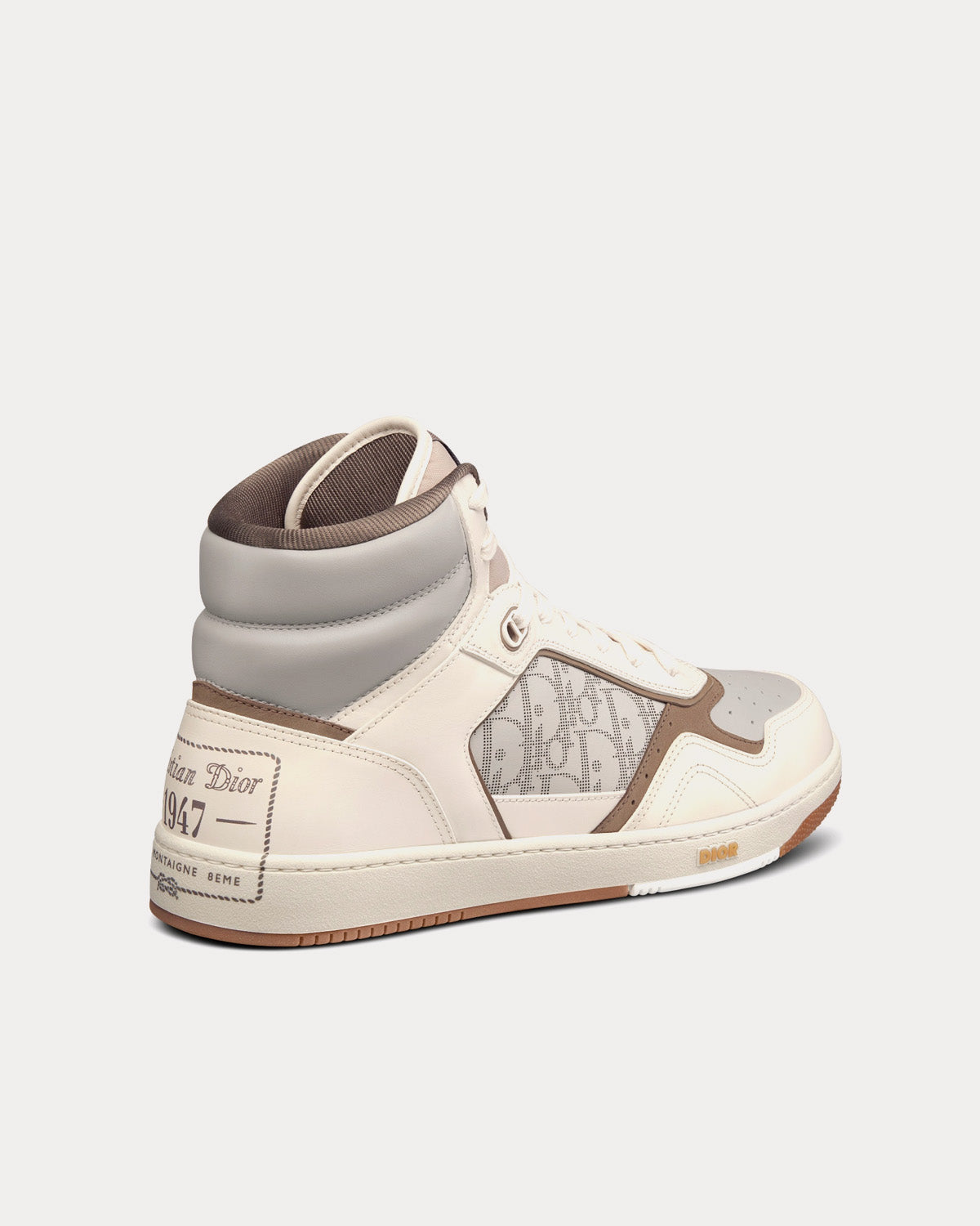 B27 Cream & Greige Smooth Calfskin with 'Christian Dior 1947' Signature High Top Sneakers