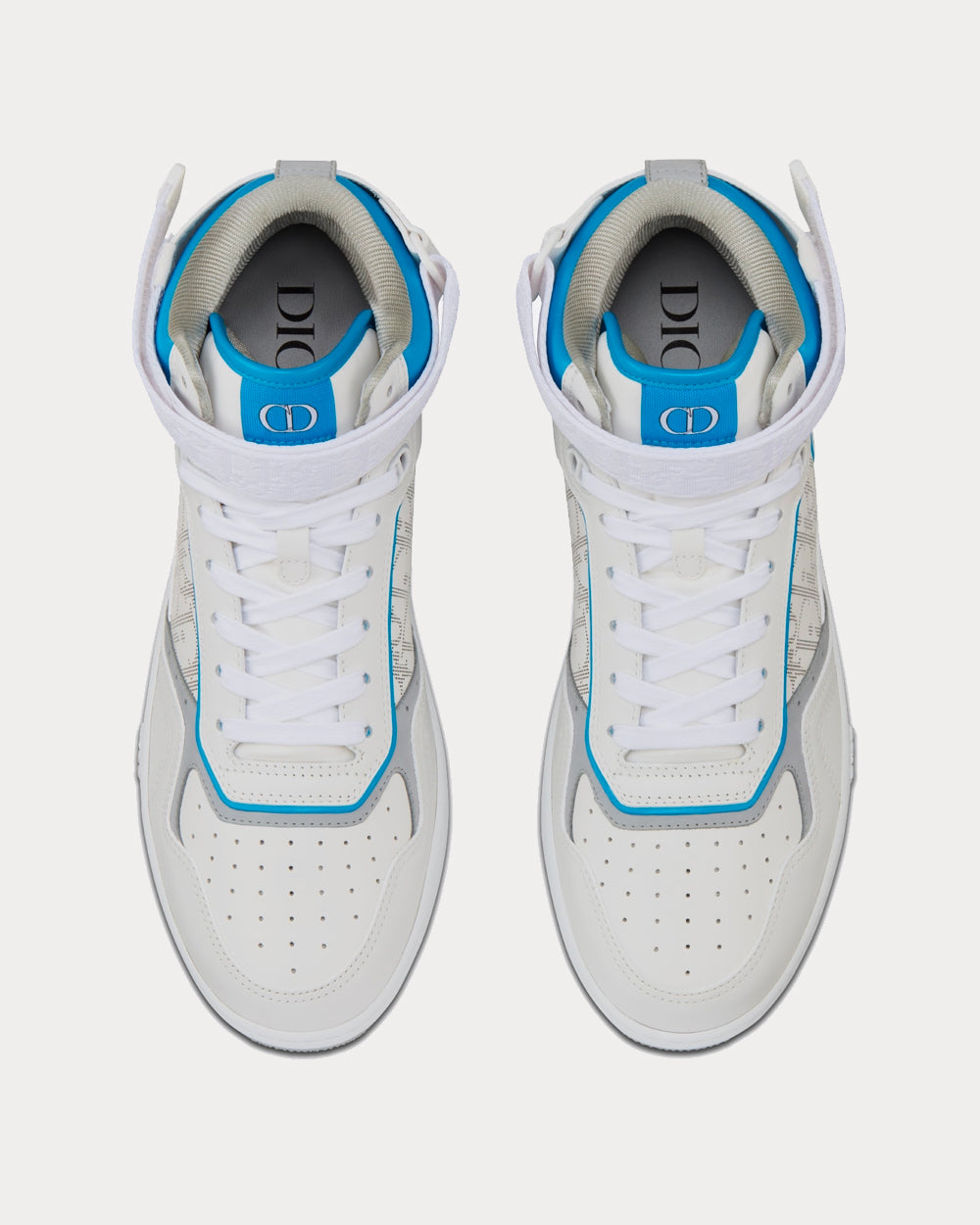 B27 White and Light Blue Smooth Calfskin with White Dior Oblique Galaxy Leather High Top Sneakers