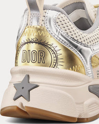 Chrono Beige Mesh with Gold-Tone and Silver-Tone Laminated Leather-Effect Panels Low Top Sneakers