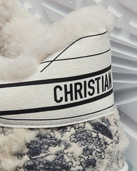 Addict Blue Toile de Jouy Embroidered Natural Shearling Low Top Sneakers