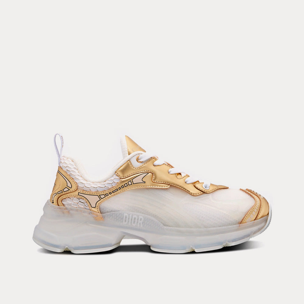 Vibe White Mesh and Gold-Tone Leather Low Top Sneakers