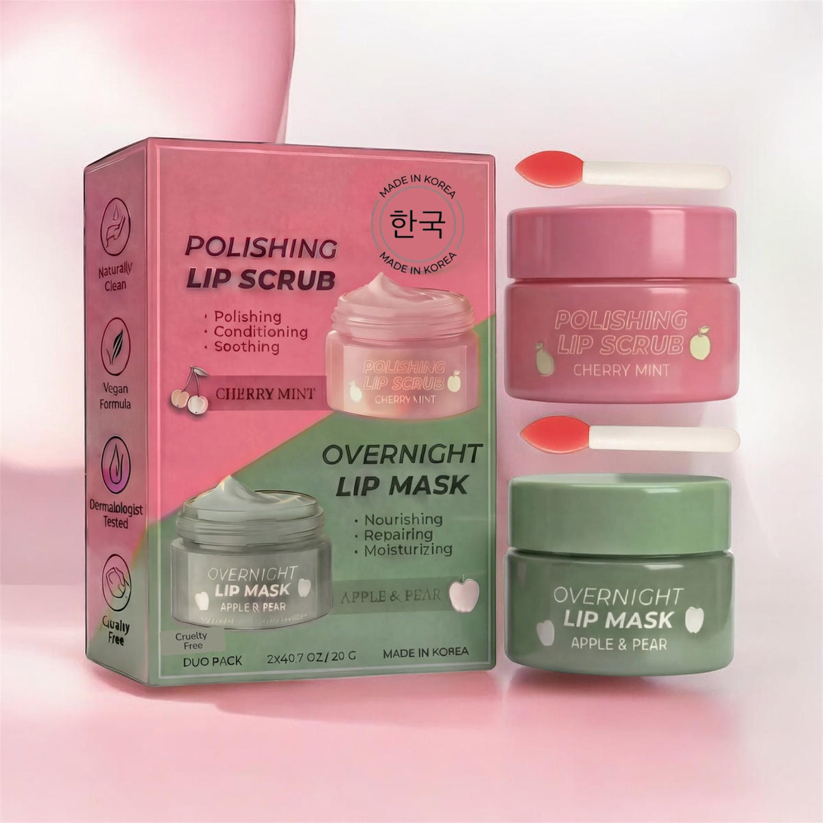 Lovery Korean Skincare Lip Care Duo Set - Cherry Mint Exfoliating Lip Scrub & Apple and Pear Overnight Lip Mask