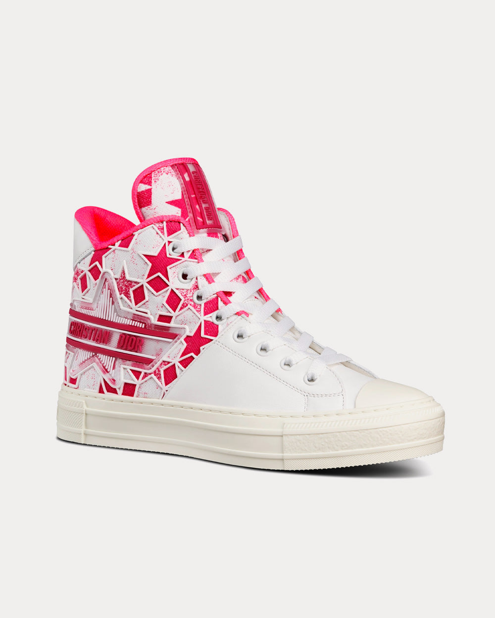 Walk'n'Dior Star Bright Pink and White Calfskin and Technical Fabric with Dior Étoile Motif High Top Sneakers