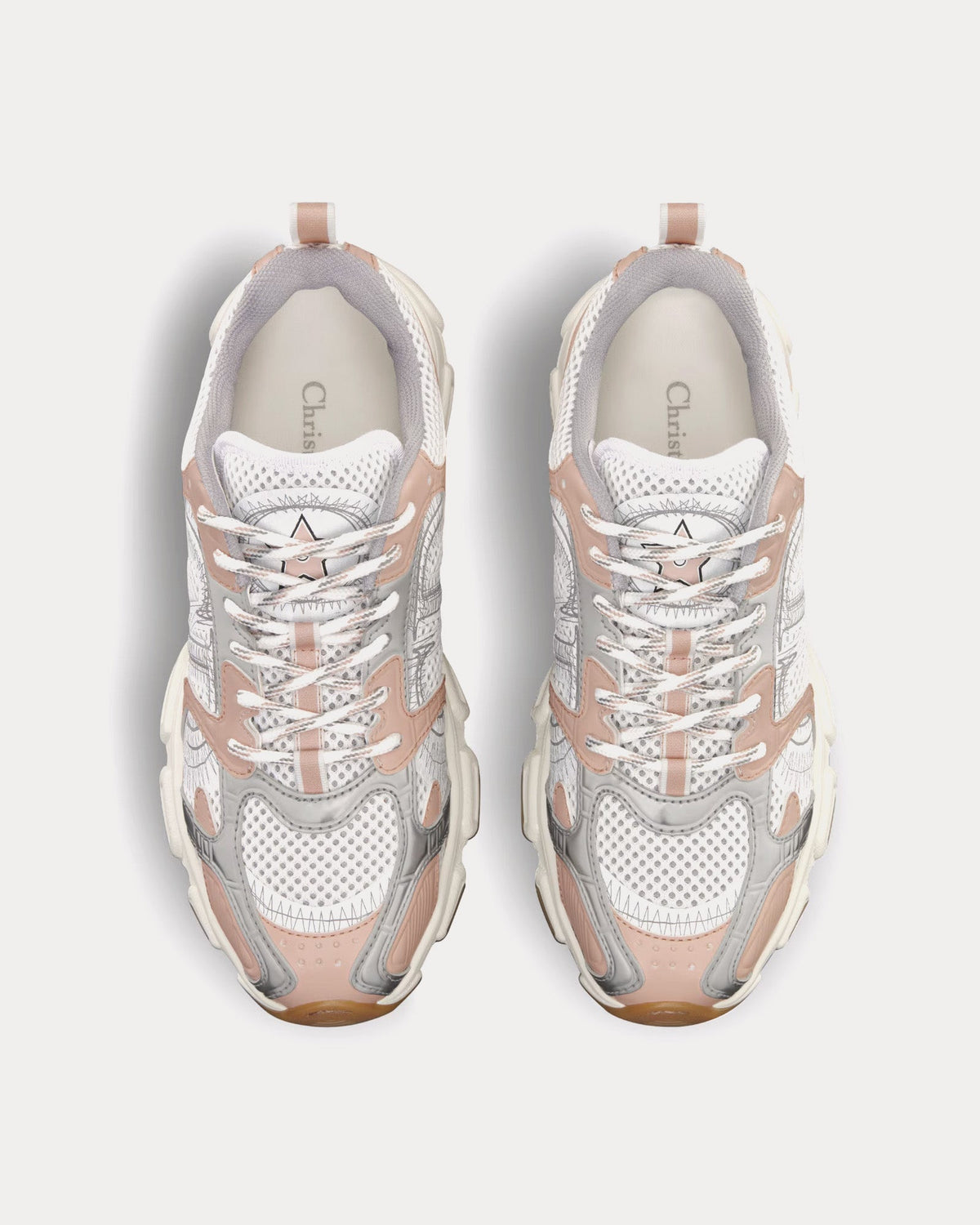 Chrono White Mesh with Nude and Silver-Tone Laminated Leather-Effect Panels Low Top Sneakers