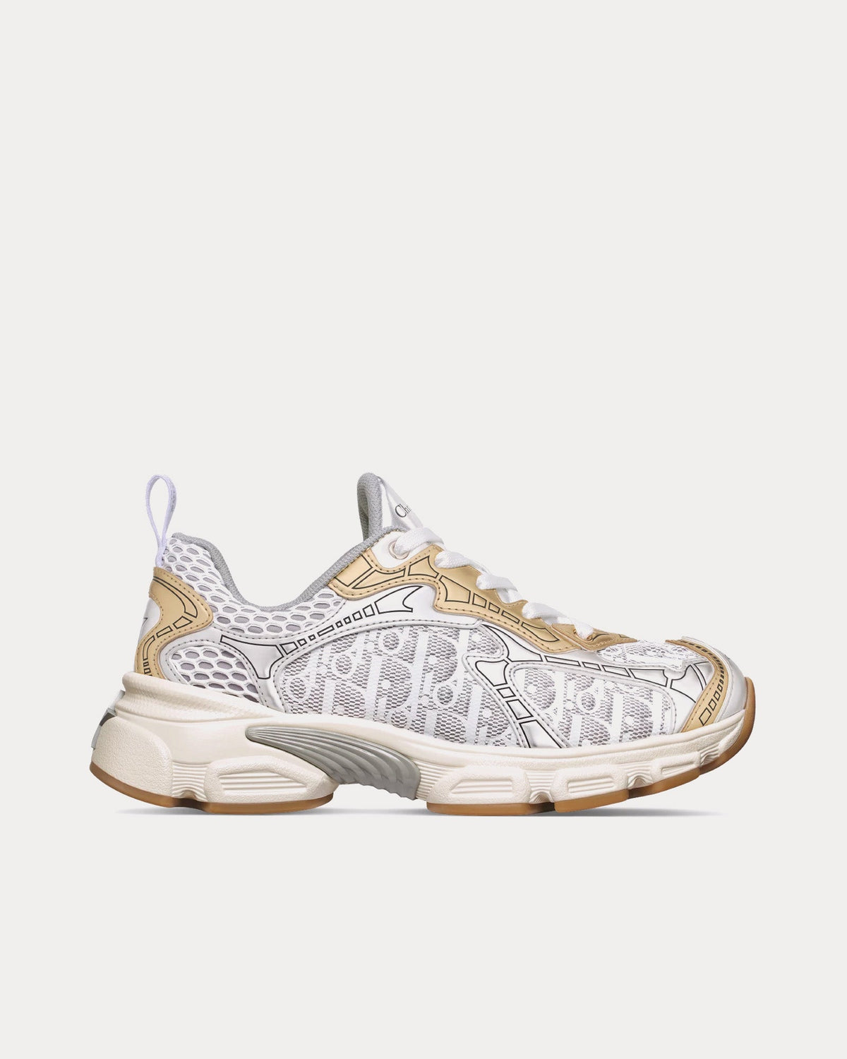 Dior Vibe White Mesh Printed with Dior Oblique Motif and Gold and Silver-Tone Laminated Leather-Effect Panels Low Top Sneakers