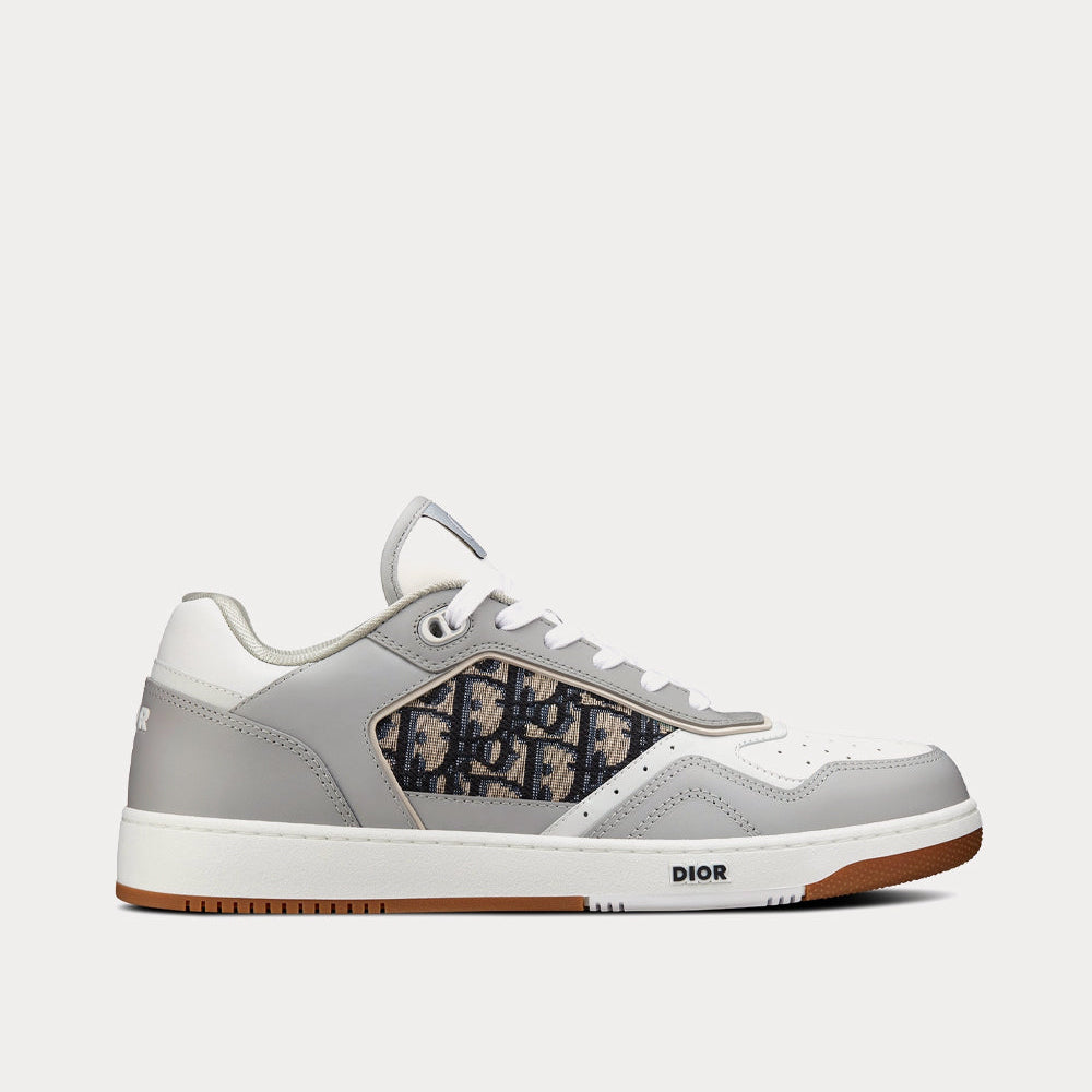 B27 Gray and White Smooth Calfskin with Beige and Black Dior Oblique Jacquard Low Top Sneakers