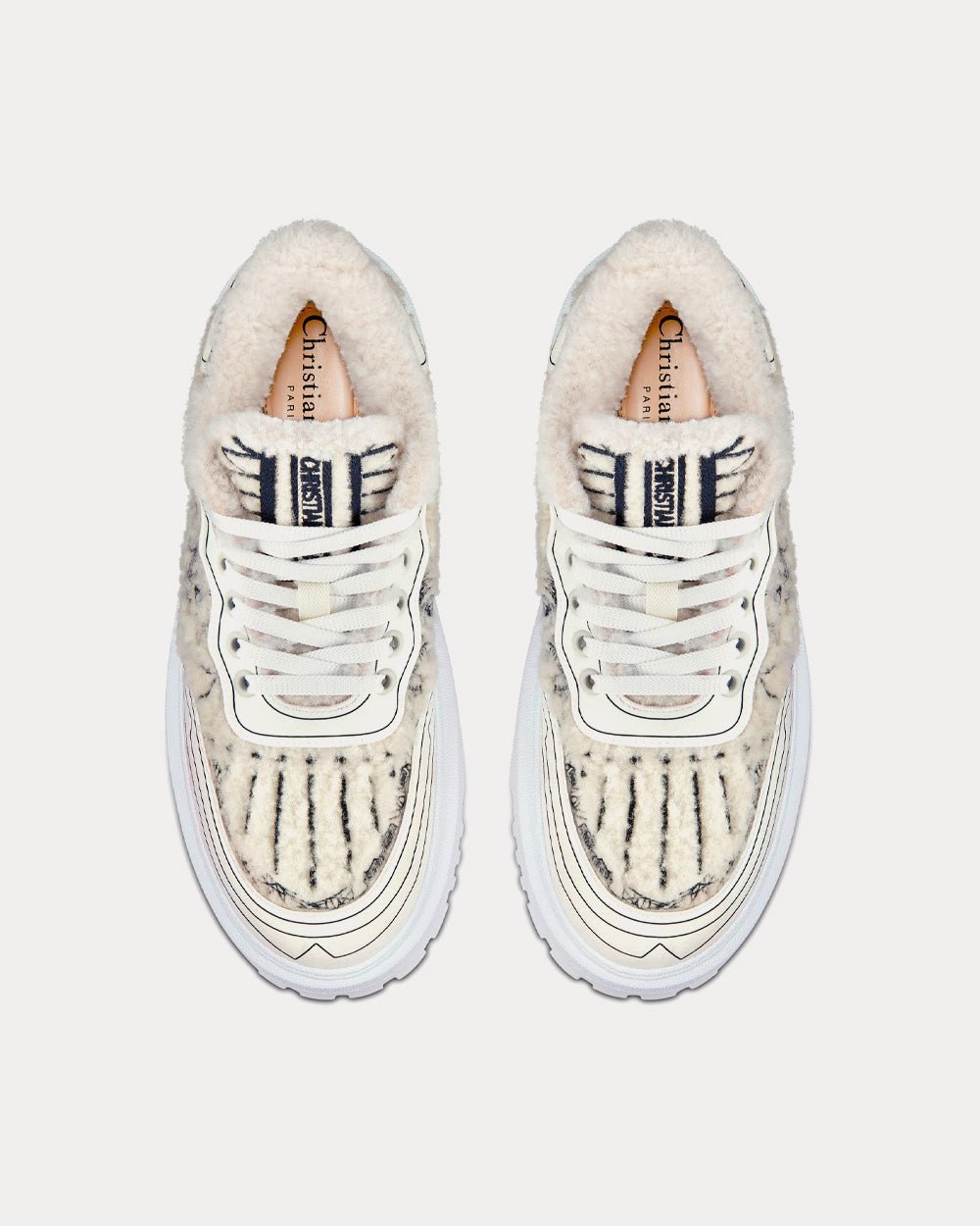 Addict Blue Toile de Jouy Embroidered Natural Shearling Low Top Sneakers - Crown & Consign