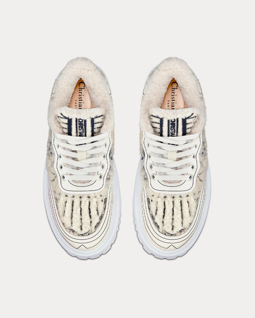 Addict Blue Toile de Jouy Embroidered Natural Shearling Low Top Sneakers - Crown & Consign