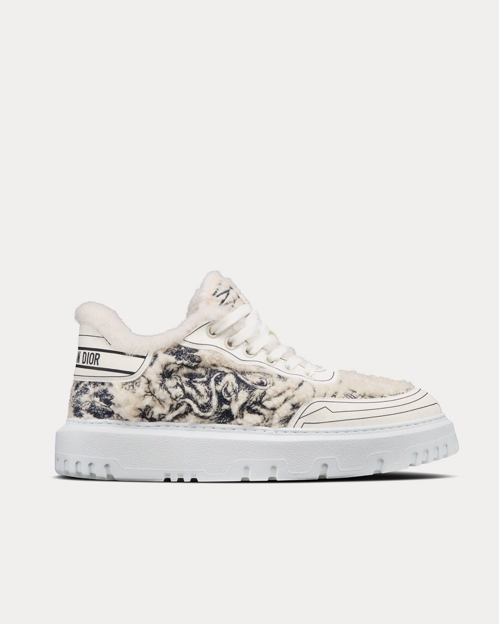 Addict Blue Toile de Jouy Embroidered Natural Shearling Low Top Sneakers