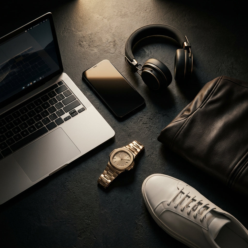 Apple tech and luxury trade-ins together in a dark vault: laptop, phone, headphones, gold watch and designer sneaker