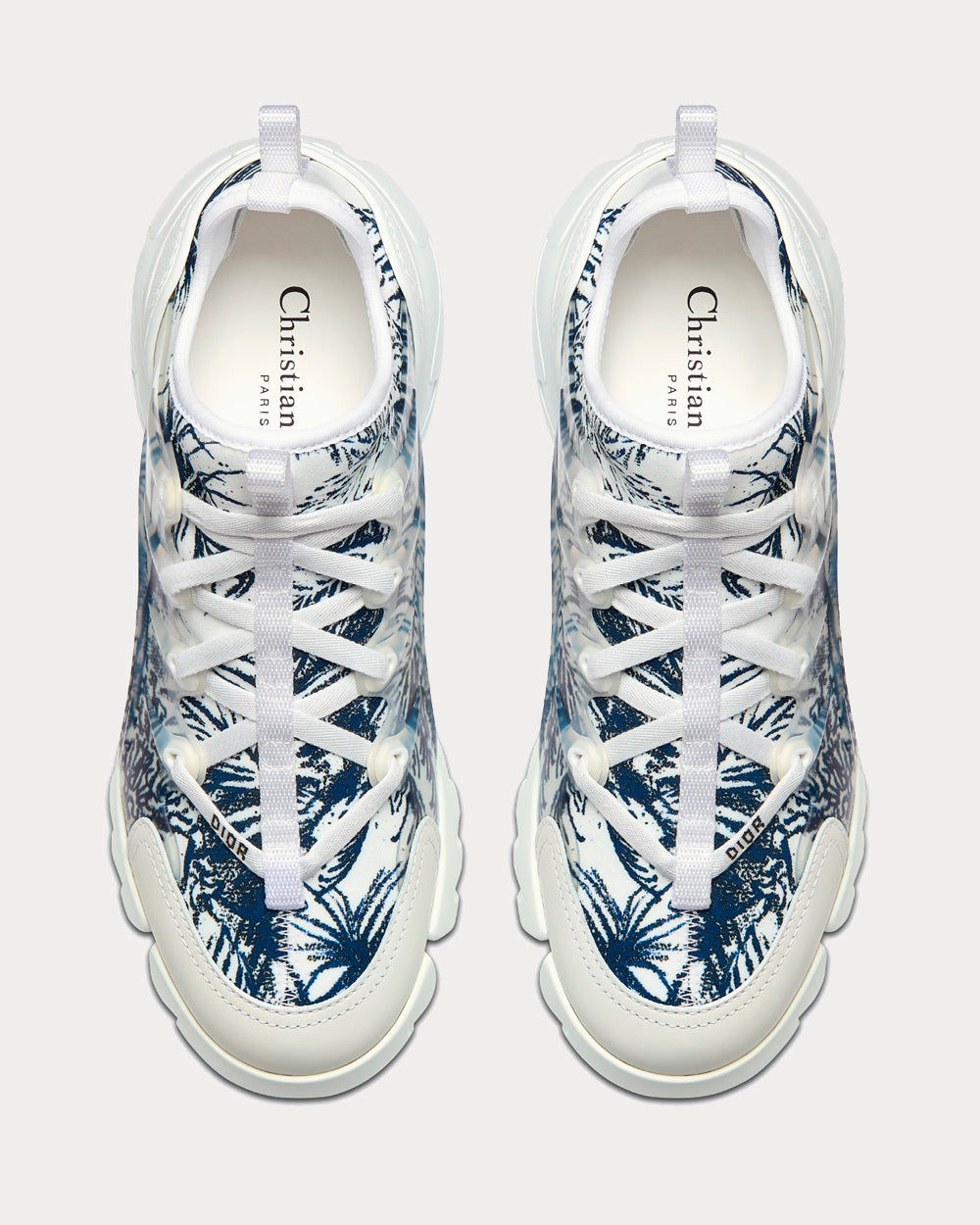 D-Connect White and Navy Blue Technical Fabric with Toile de Jouy Palms Print Low Top Sneakers