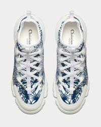 D-Connect White and Navy Blue Technical Fabric with Toile de Jouy Palms Print Low Top Sneakers