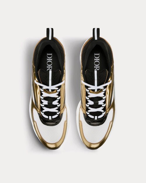 B22 Technical Mesh & Laminated Calfskin Gold-Tone / White / Black Low Top Sneakers - Crown & Consign