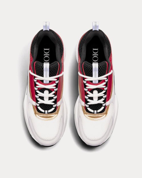 B22 White and Black Technical Mesh with Burgundy, White and Gold-Tone Calfskin Low Top Sneakers - Crown & Consign