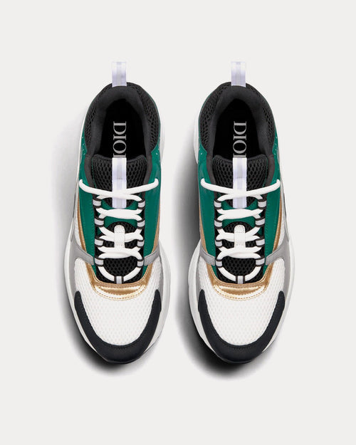 B22 White and Black Technical Mesh with Green, White and Gold-Tone Calfskin Low Top Sneakers - Crown & Consign