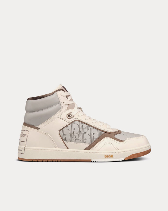 B27 Cream & Greige Smooth Calfskin with 'Christian Dior 1947' Signature High Top Sneakers - Crown & Consign