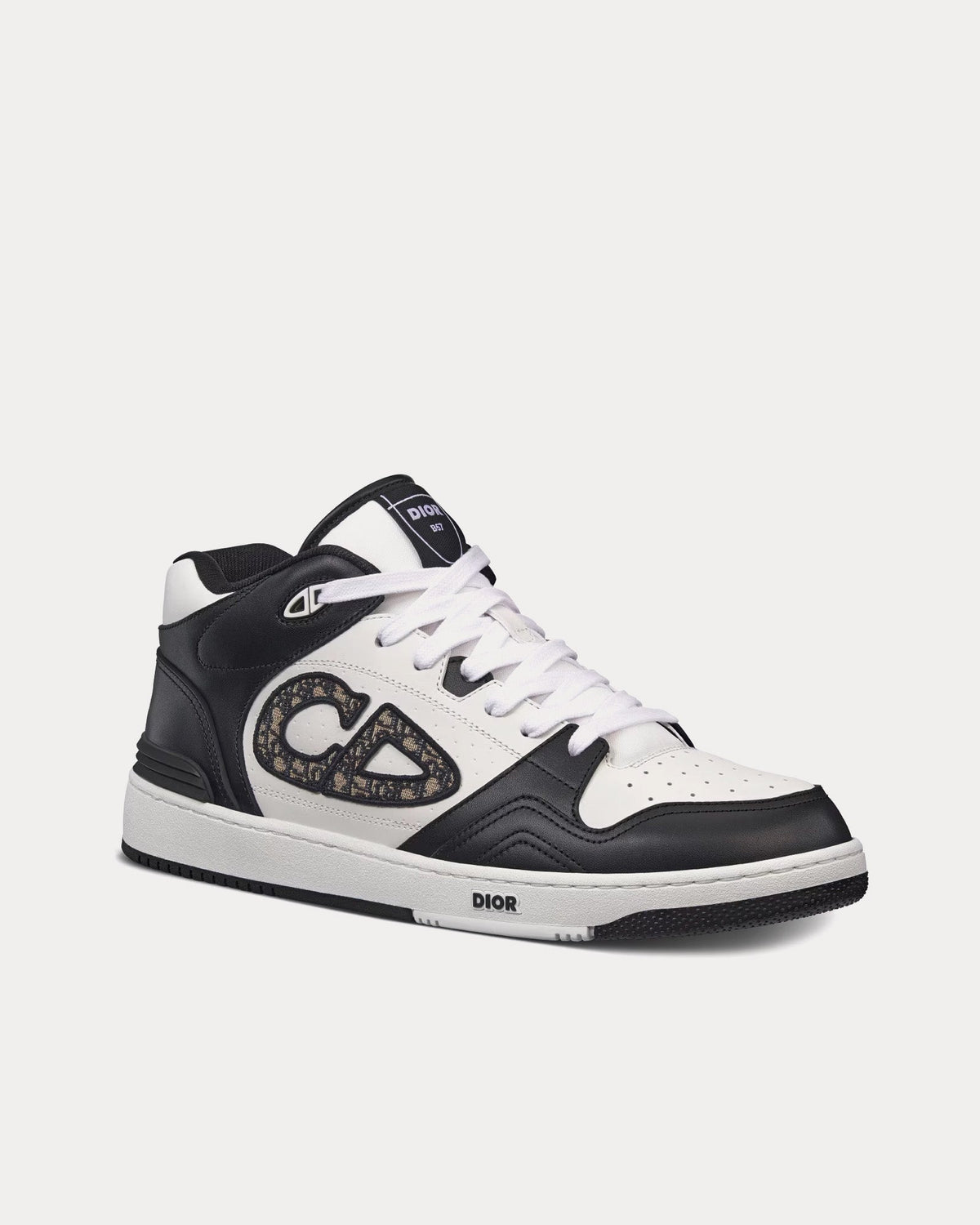 B57 Black and White Smooth Calfskin with Beige and Black Dior Oblique Jacquard Mid Top Sneakers