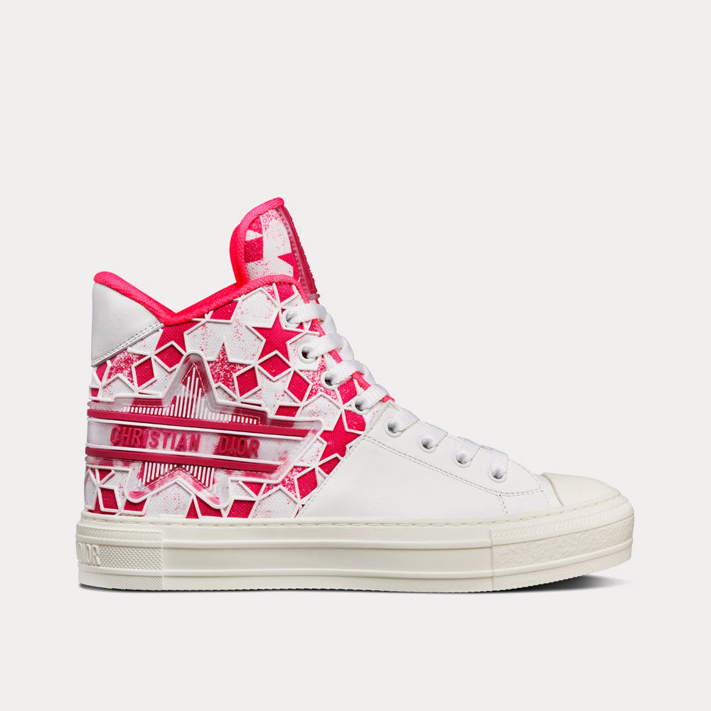Walk'n'Dior Star Bright Pink and White Calfskin and Technical Fabric with Dior Étoile Motif High Top Sneakers