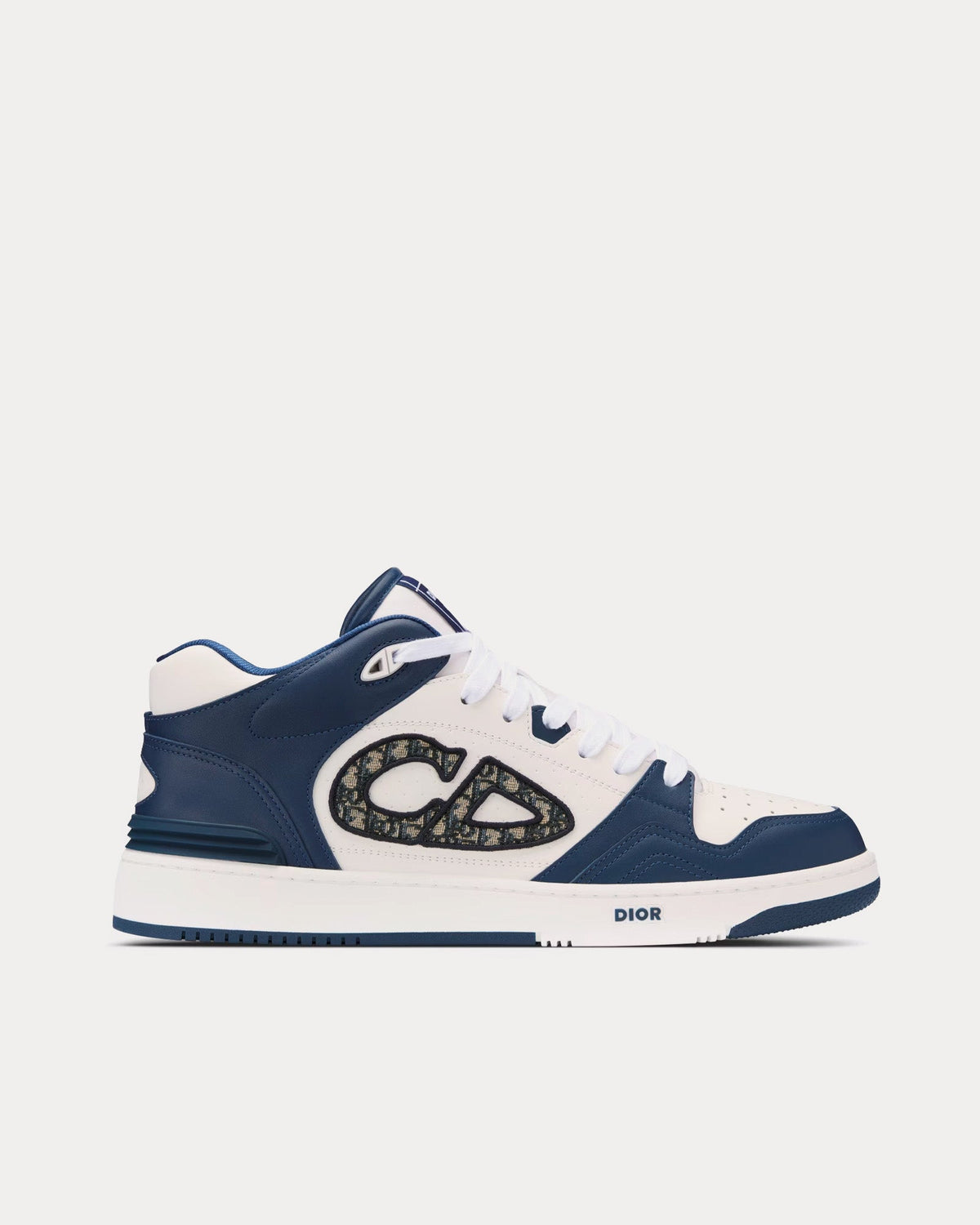 B57 Navy Blue and White Smooth Calfskin with Beige and Black Dior Oblique Jacquard Mid Top Sneakers
