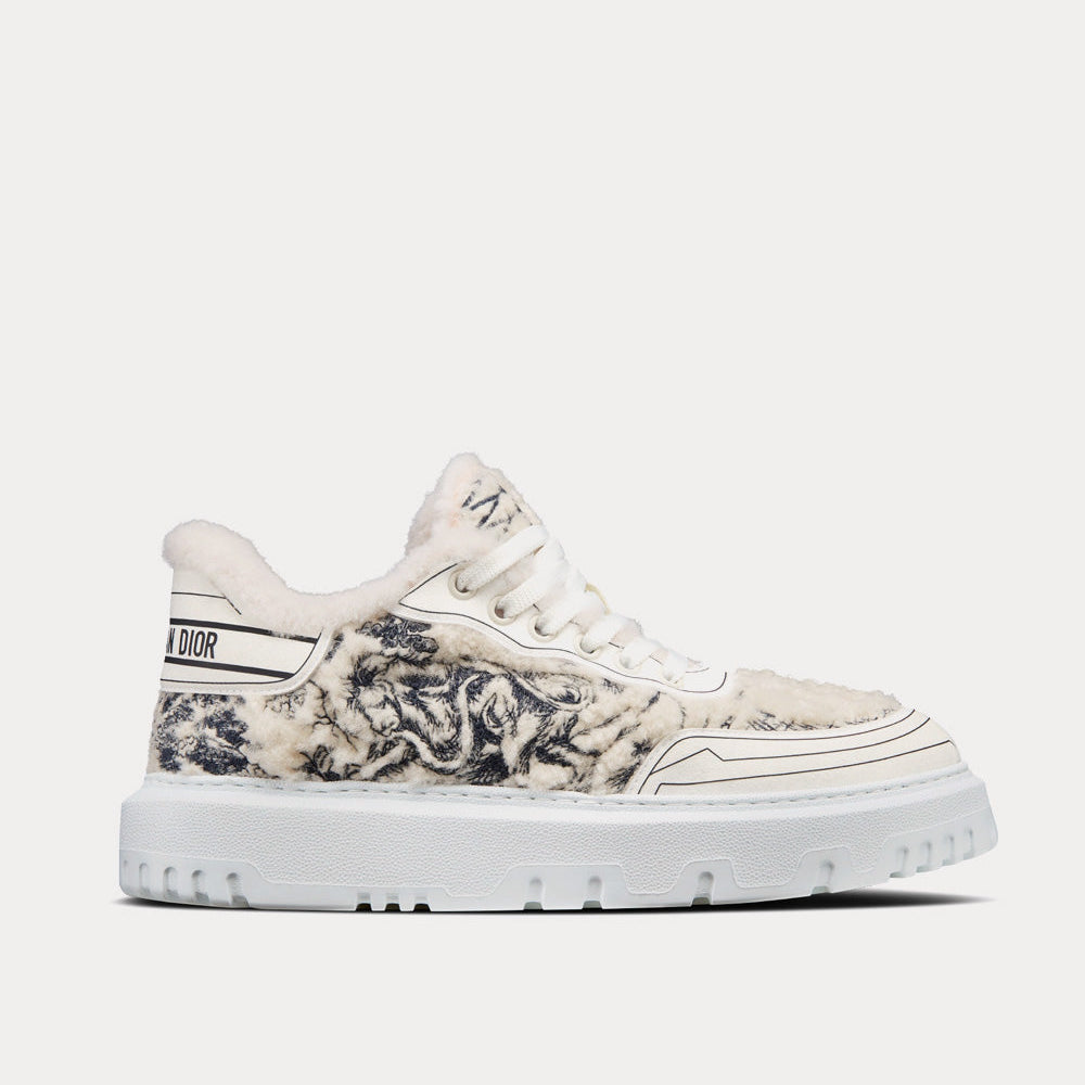 Addict Blue Toile de Jouy Embroidered Natural Shearling Low Top Sneakers