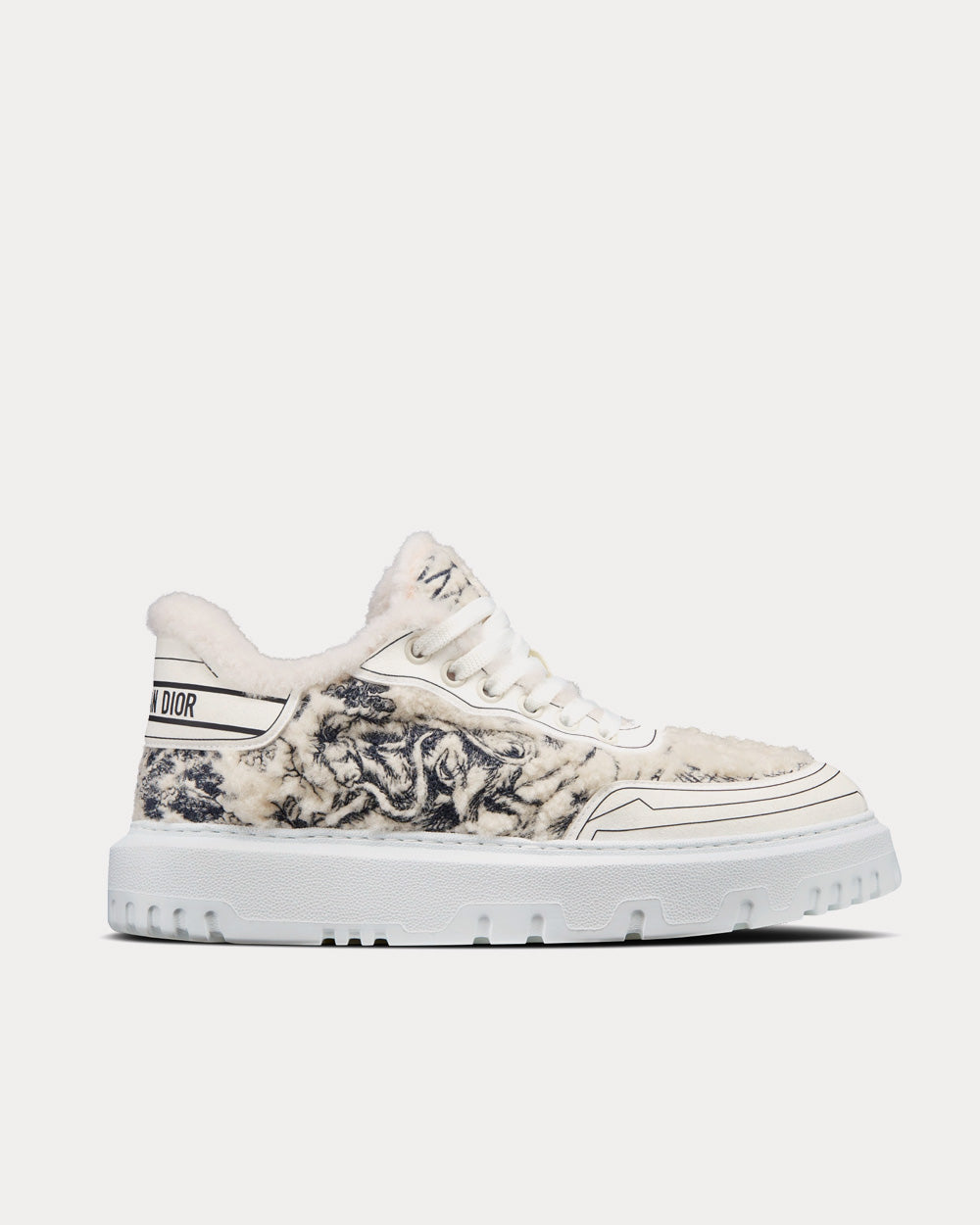 Addict Blue Toile de Jouy Embroidered Natural Shearling Low Top Sneakers