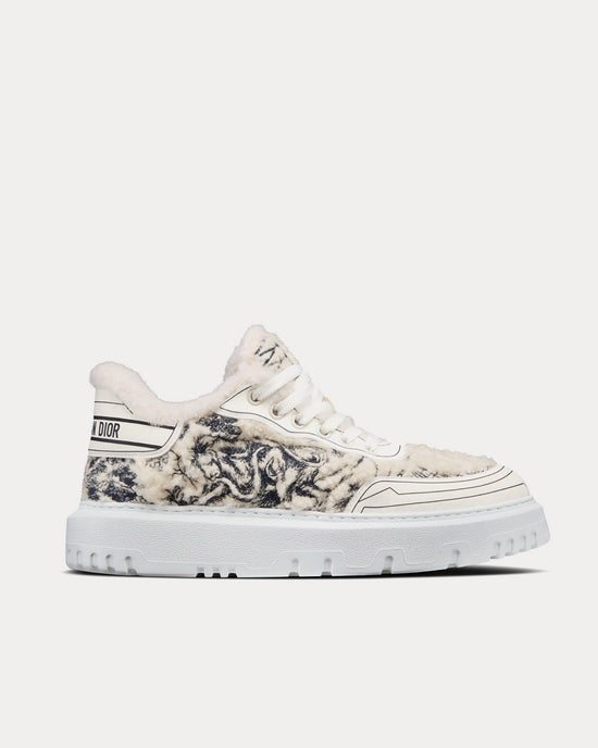 Addict Blue Toile de Jouy Embroidered Natural Shearling Low Top Sneakers