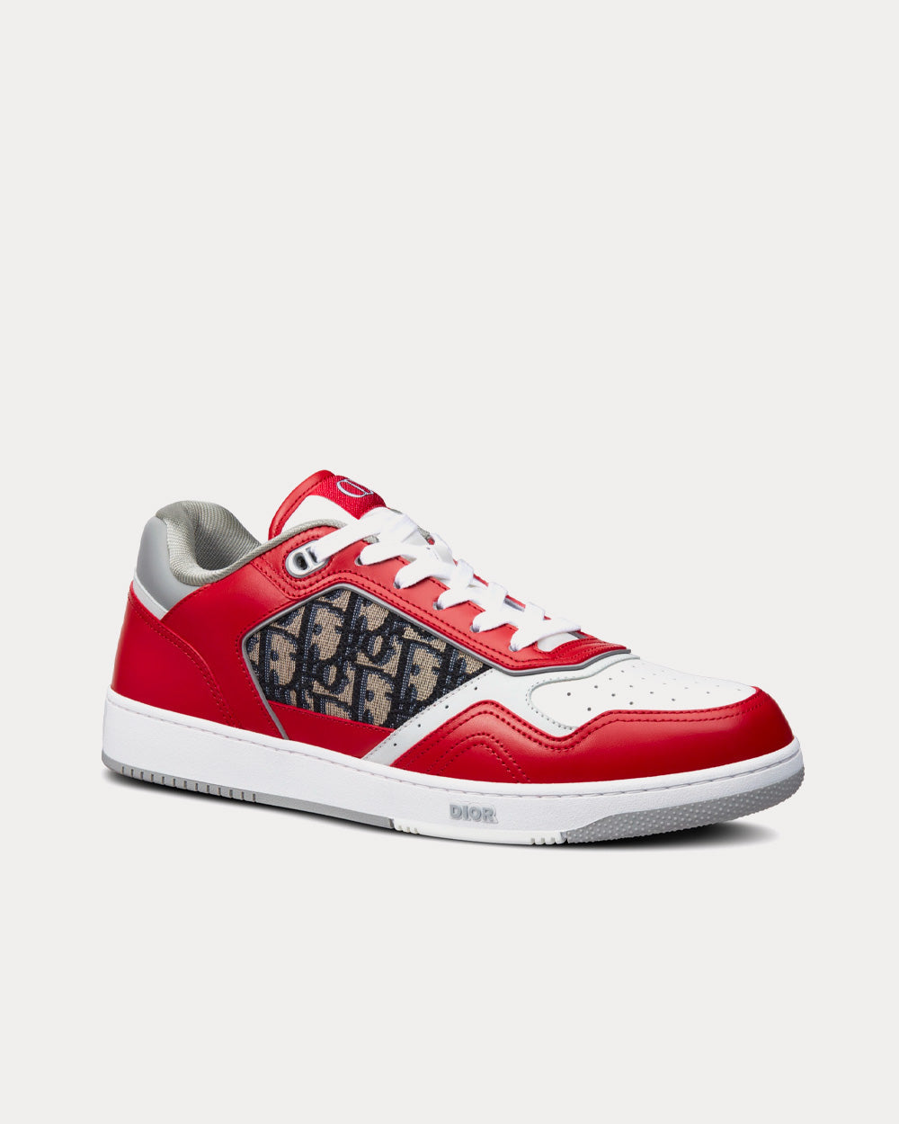 B27 Red, Gray and White Smooth Calfskin with Beige and Black Dior Oblique Jacquard Low Top Sneakers