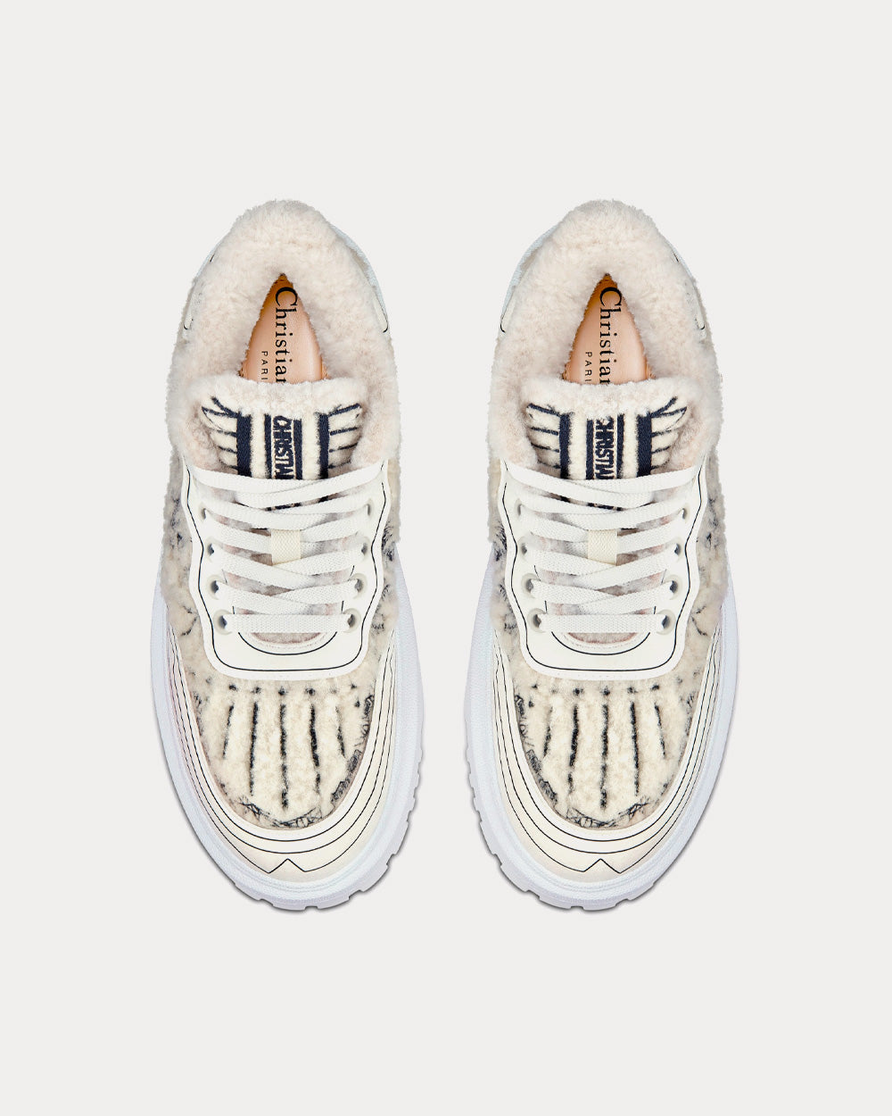 Addict Blue Toile de Jouy Embroidered Natural Shearling Low Top Sneakers