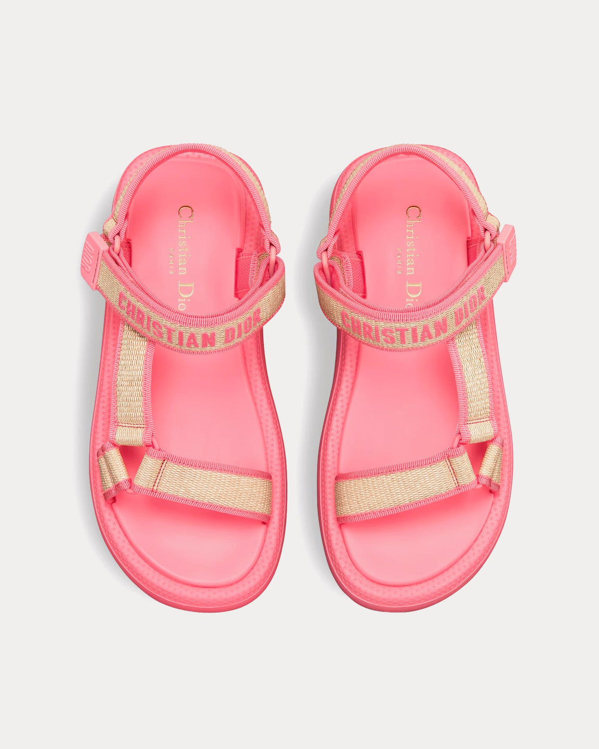 Dioriviera D-Wave Natural Raffia and Candy Pink Embroidered Cotton Sandals