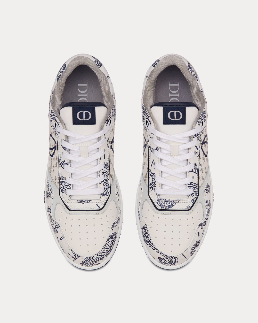B27 White Smooth Calfskin with Navy Blue CD Paisley Motif and White Dior Oblique Galaxy Leather Low Top Sneakers